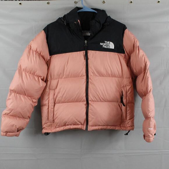 The North Face Jacket Womens Large 700 Down Puffer Hooded Pink Black Full Zip - Picture 1 of 15